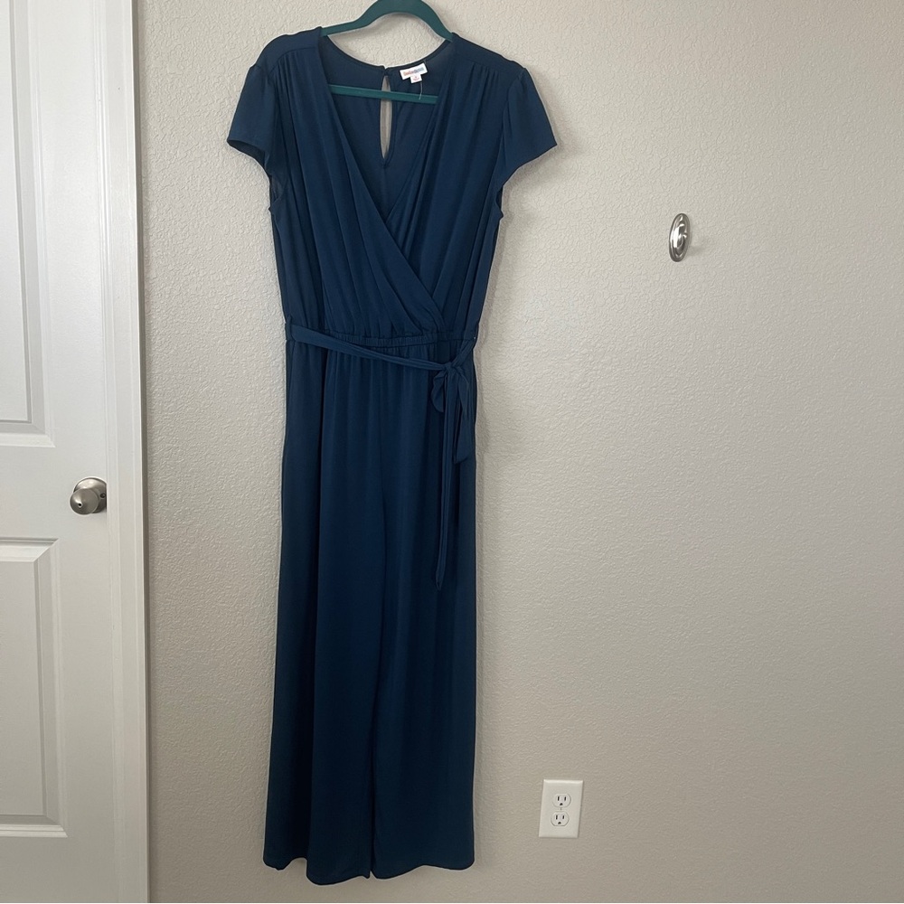 LuLaRoe Karen Jumpsuit Baltic Blue Belted Wide Leg Women’s Small
